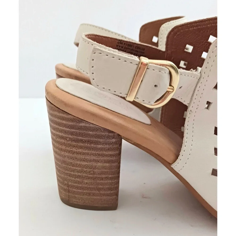 NEW Born Havana Slingback Block Heel Sandal Ivory Laser Cut Leather 8M